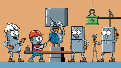 Poster - A group of engineers conducting experiments on the strength and flexibility of various types of metal alloys. They are testing the alloys by. Cartoon Vector.