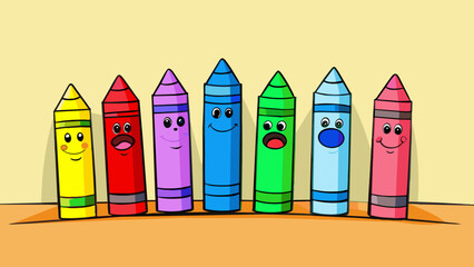 Wall Mural - A group of eight colorful crayons lying on a table. They are all different shades from bold red to sunny yellow to deep blue. Some are short and. Cartoon Vector.