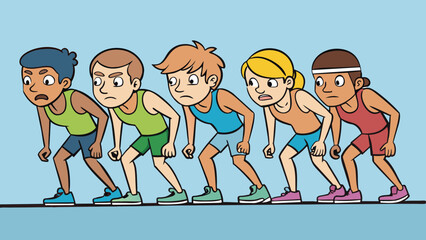 Poster - A group of runners gathered at the starting line of a race their bodies tense and focused as they await the starting signal. The intensity in their. Cartoon Vector.