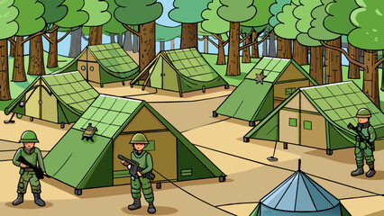 Poster - A group of military tents set up in a remote forest surrounded by camouflage netting and guarded by watchful soldiers showcasing the armys ability to. Cartoon Vector.
