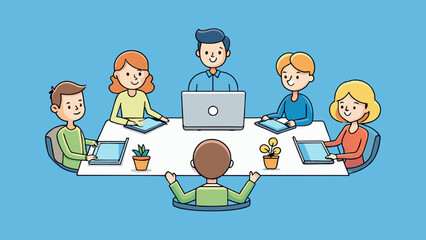 Poster - A group of people sitting around a table each person with a different role and responsibility. This represents the association between teamwork and. Cartoon Vector.