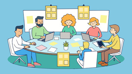 Poster - A group of people huddled around a table covered in papers and laptops engaged in lively discussions. The walls of the meeting room are adorned with. Cartoon Vector.