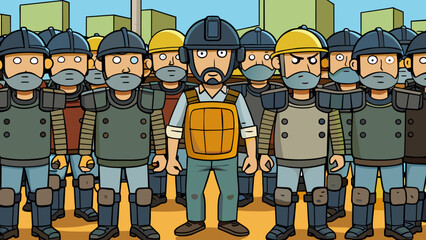 Poster - A group of officers wearing bulletproof vests and carrying riot shields preparing to control a crowd during a demonstration.. Cartoon Vector.