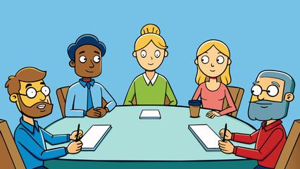 Poster - A group of people sitting around a table nodding their heads in unison indicating an agreement on a decision.. Cartoon Vector.