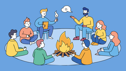 Poster - A group of people gathered around a campfire with one person leading a discussion. The fire serves as a focal point and creates a comfortable. Cartoon Vector.