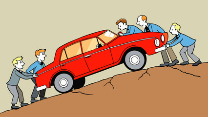 Poster - A group of people working together to push a broken down car out of a ditch their faces red and determined. The car is old and rusted its tires flat. Cartoon Vector.