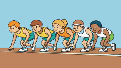 Poster - A group of runners crouched at the starting line of a race. They all have their feet p behind a white line and are looking straight ahead ready to. Cartoon Vector.