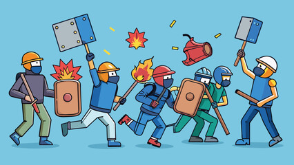 Poster - A group of protesters clashed with police their homemade signs and shields no match for the officers riot gear. Tear gas canisters filled the air and. Cartoon Vector.