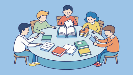 Poster - A group of students sitting at a round table each with a pile of paper and textbooks in front of them. One student is holding a highlighter and making. Cartoon Vector.