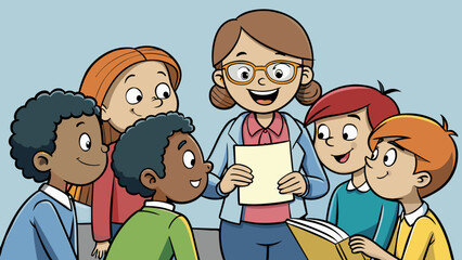 Poster - A group of students huddled around a teacher leaning in attentively as she discusses a new concept their ears perked and minds engaged.. Cartoon Vector.