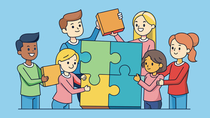 Wall Mural - A group of students are gathered around a puzzle each one taking turns trying to fit a piece into the correct spot.. Cartoon Vector.