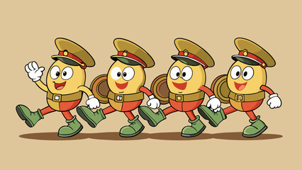 Poster - A group of soldiers marching in perfect unison their boots hitting the ground with a rhythmic thud and their uniforms perfectly pressed and adorned. Cartoon Vector.