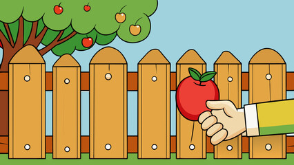 Fototapete - A hand reaching over a fence to grab fruits from a tree. The fence is made of wooden planks with small gaps in between allowing for the hand to easily. Cartoon Vector.