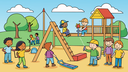 Poster - A heartwarming feature about a community coming together to build a new playground for their neighborhood children with swings slides and climbing. Cartoon Vector.