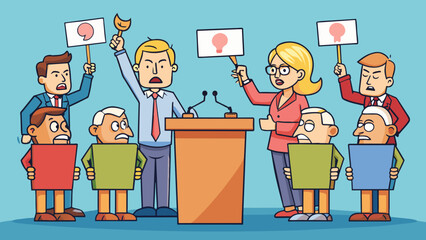 Poster - A heated debate on a podium between two individuals with opposing views while a group of onlookers hold signs and chant in support of their side.. Cartoon Vector.