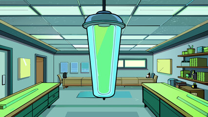 Poster - A harsh fluorescent light in an office building creating a sterile and uninviting atmosphere with its bright artificial glow.. Cartoon Vector.