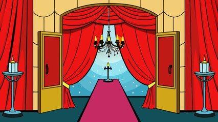 Canvas Print - A heavy red velvet curtain hung at the entrance concealing the elegant theater from view. As it drew back the audience was welcomed into a grand hall. Cartoon Vector.