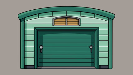 Fototapete - A heavy metal garage door with ridges and grooves painted in a dark green color. It has a sy handle and lock system as well as a small window on the. Cartoon Vector.