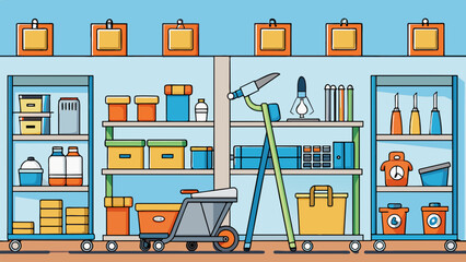 Sticker - A hardware store with tall shelves stocked with a variety of tools and materials. The floor is lined with metal carts for customers to use as they. Cartoon Vector.