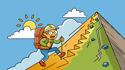 Aufkleber - A hiker pauses to catch their breath as they climb up a steep mountain trail. Despite the challenging incline they continue on driven by their desire. Cartoon Vector.