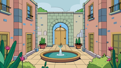 Poster - A hidden courtyard garden in the heart of the city accessible only through a secret door in an old building. The tranquil oasis adorned with colorful. Cartoon Vector.
