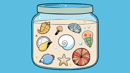 Aufkleber - A jar filled with different types of seashells each labeled with its scientific name and location of where it was found.. Cartoon Vector.