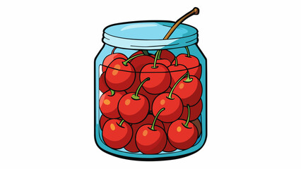 Poster - A jar filled with plump red cherries preserved in a thick sticky syrup. The cherries are slightly wrinkled and their stems are still attached.. Cartoon Vector.