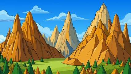 Poster - A jagged mountain range with sharp peaks jutting up against the clear blue sky. Massive boulders and steep cliffs create a treacherous terrain but. Cartoon Vector.