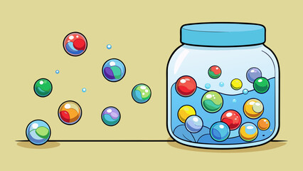 Poster - A jar is filled with five marbles of different sizes and colors. Two more marbles are dropped into the jar making a clinking sound as they hit the. Cartoon Vector.