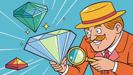 Poster - A jeweler examining a diamond under a specialized light noting the stones clarity color and to determine its quality and value.. Cartoon Vector.