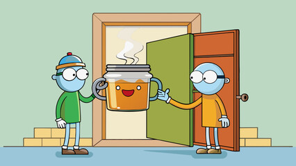 Poster - A jar of homemade soup delivered to a sick friends doorstep. The warm steam and comforting aroma embody the gesture of help and care.. Cartoon Vector.