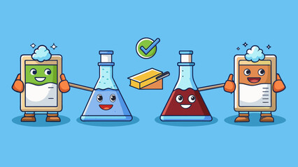 Poster - A laboratory experiment is set up to test the effectiveness of a new cleaning product. Two identical sets of stained fabrics are used with one set. Cartoon Vector.