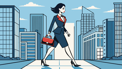 Poster - A lady strides confidently down a bustling city street her tailored suit and heels exuding a sense of power and sophistication. Her sleek black. Cartoon Vector.