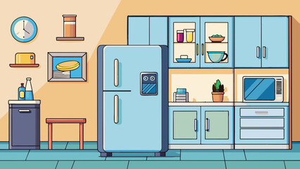 Poster - A kitchen with stainless steel appliances including a smart refrigerator with builtin touch screen and voice control. The sleek minimalist design and. Cartoon Vector.