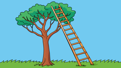 Fototapete - A ladder leaning against a tree reaching up to its highest branch. The ladders reach is limited by its length but its ability to extend upwards allows. Cartoon Vector.