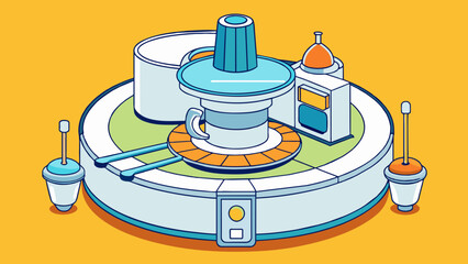 Fototapete - A large circular contion with a central spinning blade and a variety of attachments and blades hanging from the sides. It has a power switch and speed. Cartoon Vector.