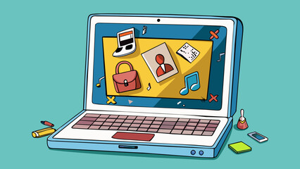 Poster - A laptop with a cracked screen and missing keys found in a high school locker. The laptop has stickers from various music bands and a few handwritten. Cartoon Vector.