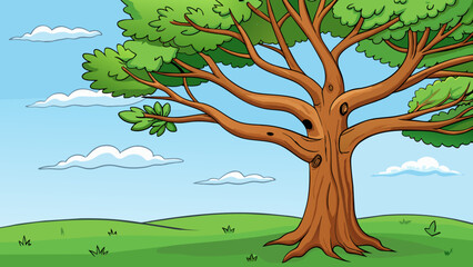 Aufkleber - A large leafy tree stands tall in a field its branches swaying gently in the wind. The bark is rough and brown and the leaves are a vibrant shade of. Cartoon Vector.