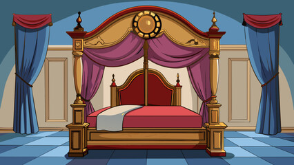 Aufkleber - A large fourposter bed took up most of the space in the elegant bedroom. The posts were made of dark cherry wood with intricate designs etched into. Cartoon Vector.