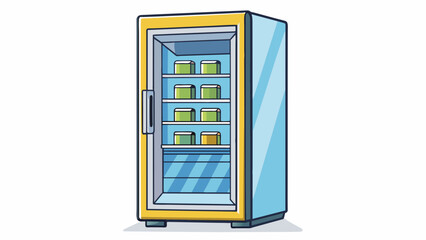 Fototapete - A large rectangular box with a glass door on the front. Inside there are trays and racks for food storage and a digital temperature display.. Cartoon Vector.