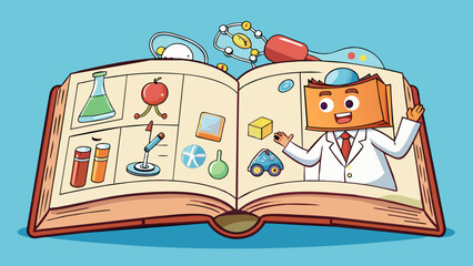 Poster - A large leatherbound medical textbook sits open on a desk filled with colorful diagrams and detailed explanations of various illnesses and treatments.. Cartoon Vector.