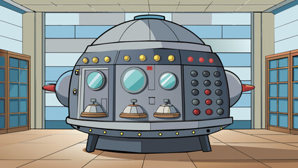 Poster - A large metallic object dominated the room its imposing presence impossible to ignore. It emitted a low hum and various dials and levers decorated its. Cartoon Vector.