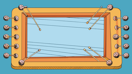 Fototapete - A large rectangular frame with strings stretched across in a grid pattern. Hanging from the strings are small metal objects that make a gentle chime. Cartoon Vector.