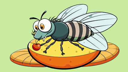 Fototapete - A large plump fly with black and white striped body perched on a halfeaten piece of fruit.. Cartoon Vector.