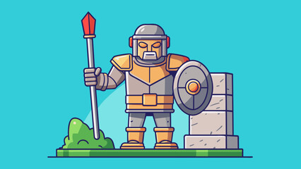 Aufkleber - A large stone sculpture of a soldier standing proudly with a shield and sword in hand. The sculpture represents a duty to defend ones country and. Cartoon Vector.