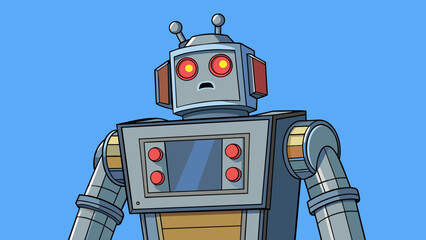 Fototapete - A large metal robot with a facelike screen on its front constantly turning and scanning its environment with glowing red eyes.. Cartoon Vector.