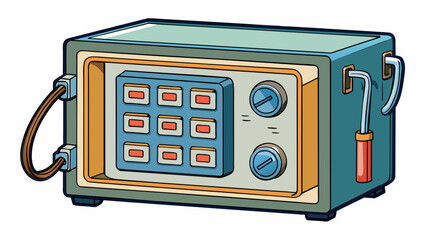 Fototapete - A large rectangular metal box with a handle on top and buttons on the front. The buttons are labeled with numbers and symbols and a digital screen. Cartoon Vector.
