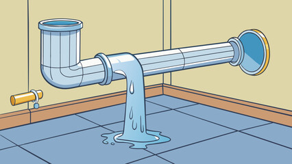 Fototapete - A leaking water pipe The pipe is a long silver cylindrical tube made of metal. It is located behind a wall and is connected to a larger plumbing. Cartoon Vector.