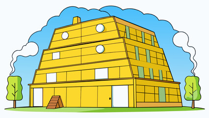 Poster - A large yellow structure made of overlapping wooden boards. It has a sloping roof and several windows with flower boxes underneath. Smoke rises from. Cartoon Vector.