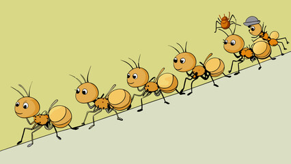 Poster - A line of ants marching in a straight path carrying small bits of food. The group moves in a unified manner towards a common goal with each ant. Cartoon Vector.